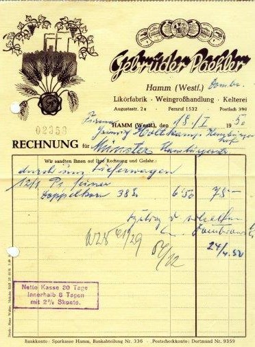 Gebrüder Paehler Hamm (Westf.) Likörfabrik - Weingroßhandluung - Kelterei. Rechnung vom 18. Januar 1950. Privatarchiv Dr. Detlef Berntzen